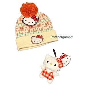 NWT Hello Kitty Festive Cream & Red Pom Pom Beanie Plush Mini Coin Key Chain